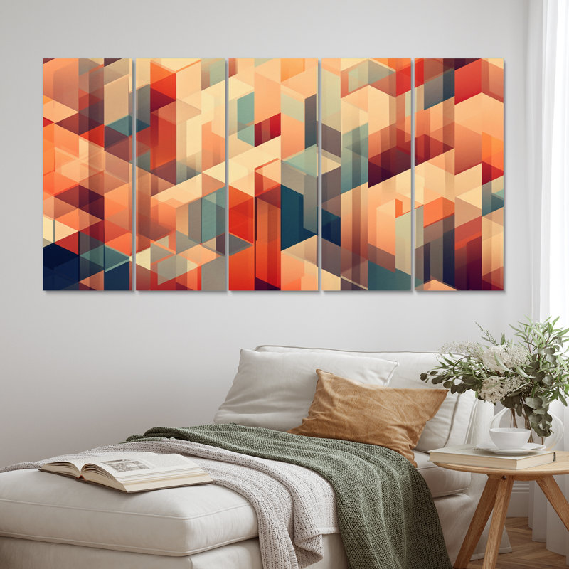 Abstrait géométrique orange et bleu II - formes abstraites, impression sur toile - 5 panneaux égaux