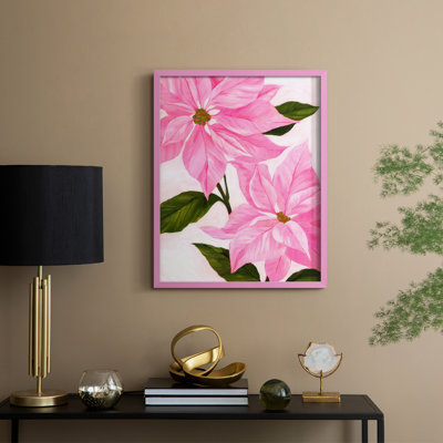 «Neon Pink Poinsettias I», reproduction encadrée - bois massif