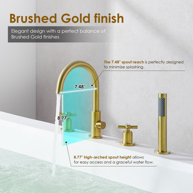 Sundale Cross Handles Deck-Mount Roman Tub Faucet with Handshower, Brushed Gold