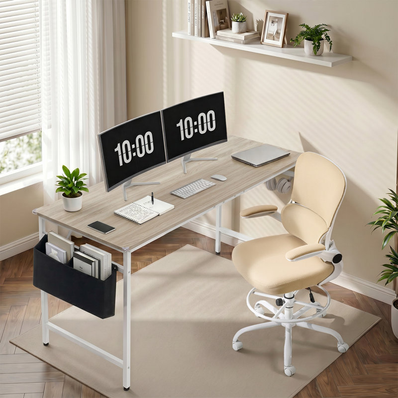 2 Piece Office Sets Computer Desk & Office Chair, Gray/White Table/Beige Chair