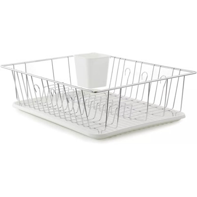 16 Inch Dish Drying Rack With Draining Tray, Metal Kitchen Dish Rack With Cutlery Holder & Mug Hooks, Countertop Organizer, White