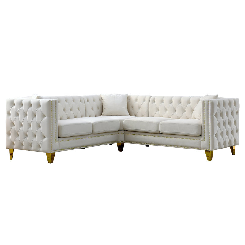 Luxury L-Shpaed Velvet Sofa Classic Chesterfield Design, Beige Velvet