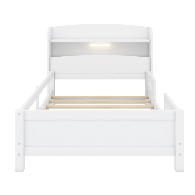 Lit plateforme en bois avec éclairage à DEL intégré, tête de lit avec rangement et garde-corps, Blanc