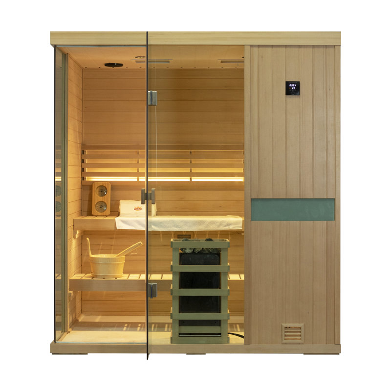 Samsora 4-Person Indoor Steam Sauna 3800W, African Wood, Red Light Therapy, 95℉-230℉, Built-In Bluetooth Speaker, Includes Sauna Heater and Sauna Stone, Negative Ion Air Purification