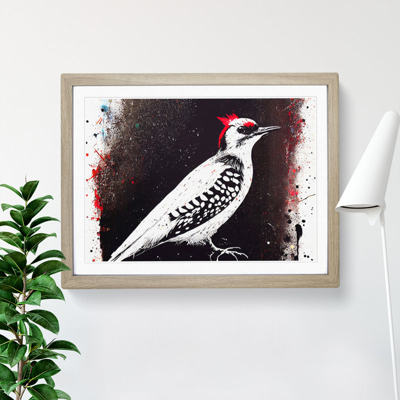 Dramatic Woodpecker Bird Abstract - Single Picture Frame Painting, 34cm H x 46cm W x 2cm D, Oak Framed