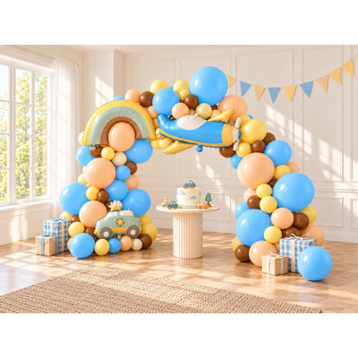 Petit ensemble de guirlande de ballons de chauffeur, 119 ballons, feuilles d'arc-en-ciel de voiture, décor d'anniversaire bleu abricot jaune