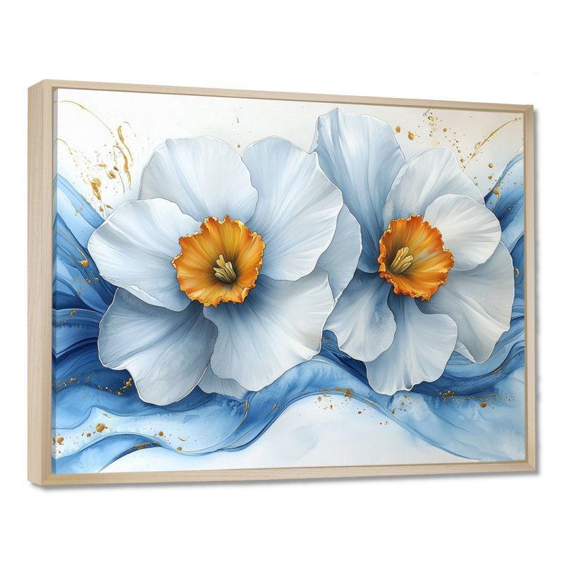 Jaune sur velours bleu jonquilles fleuries - jonquilles murales, H 30 po x l 40 po, Cadre flottant, Brun