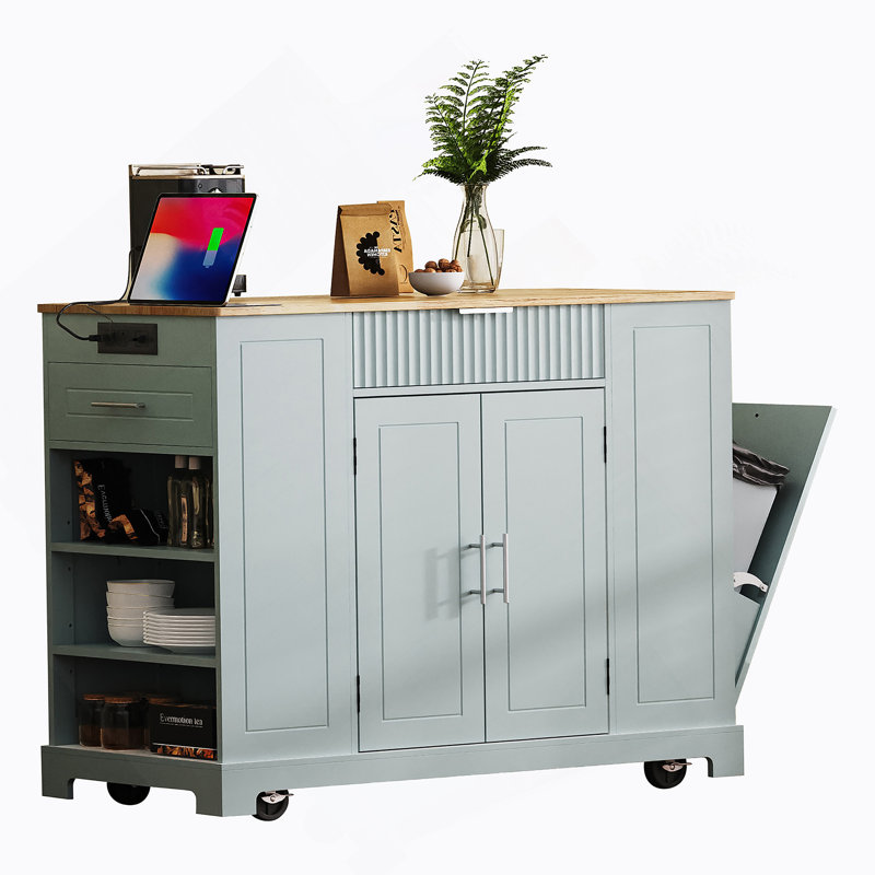 Fluted Kitchen Island with Trash Can Storage Cabinet, Power Outlet, Internal Storage Rack, Rolling Kitchen Islands on 5 Wheels with 3 Drawer, 3 Open Side Racks for 10 Gallon Garbage Bin, White