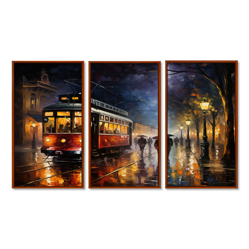 «Vintage Rainy Evening Paris - Train», art mural rétro, H 40 po x l 60 po x P 1 po, Cadre flottant brun