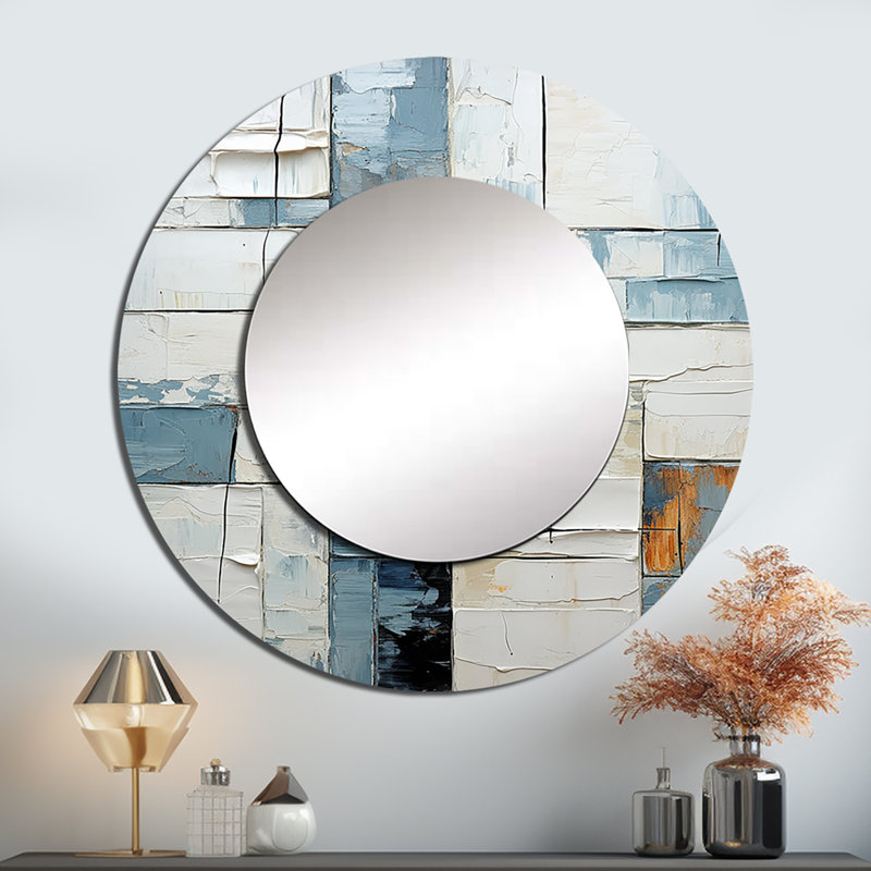 Cubisme bleu et blanc Fight I - miroir mural décoratif formes abstraites, grand miroir rond moderne, impression d'art en métal