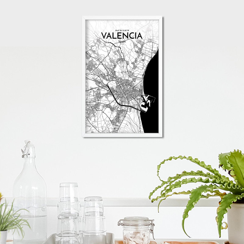 Valencia, carte de la ville, impression, H 17 po x l 11 po, Noir et blanc