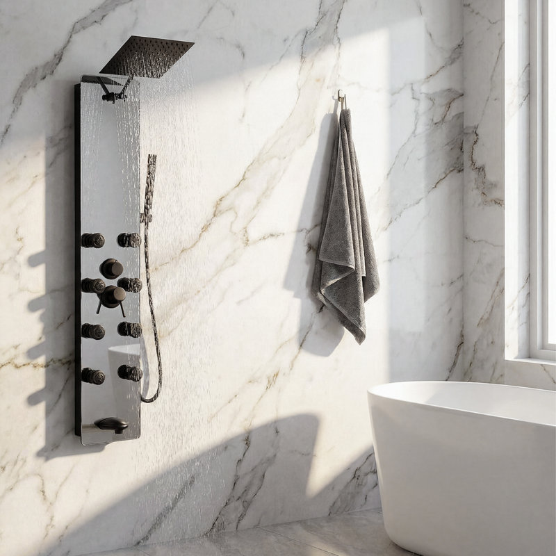 Double système de panneau de douche multifonction 8-en-1 à 8 jets avec pomme de douche à pluie réglable et douchette