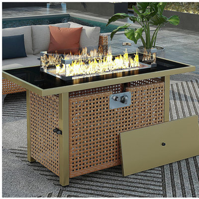 Foyer de table 43 po au gaz propane, foyer rectangulaire en osier à tissage ouvert de 60 000 BTU avec pare-brise en verre, convient au patio extérieur, au balcon, au jardin et à la cour arrière