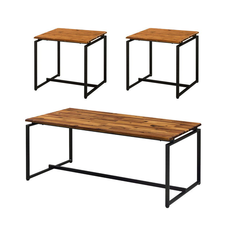 Table basse 3 pièces rectangulaire en chêne et noir, plateau de table en métal massif de 18 mm avec base en bois massif pour la maison principale