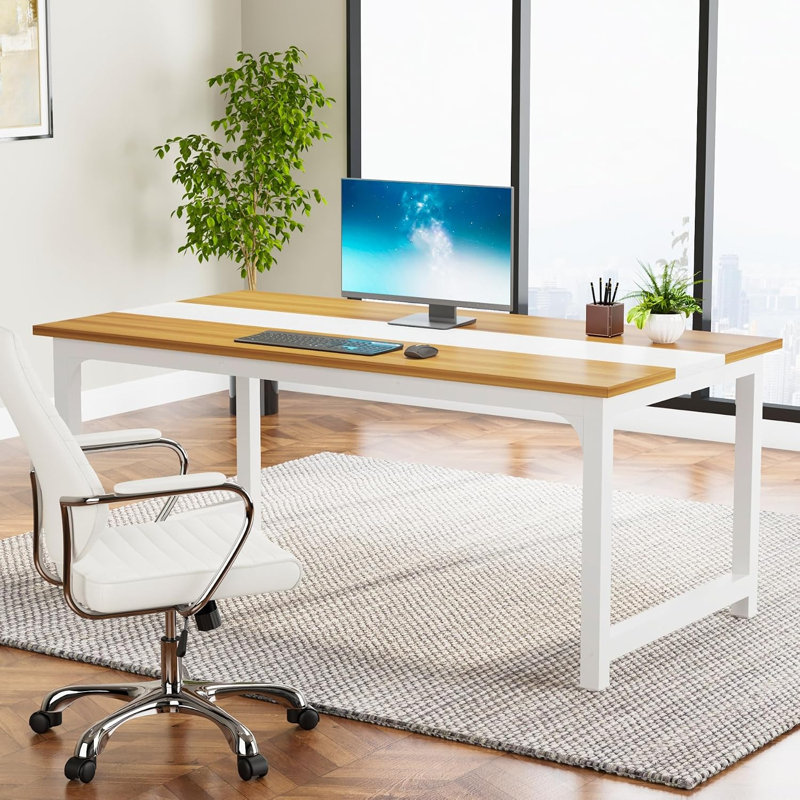 Steel Executive Desk, 75cm H x 160cm W x 80cm D, Light Walnut/White