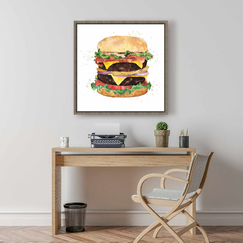 Watercolor Cheeseburger Canvas | Kitchen Decor Brown Frame
