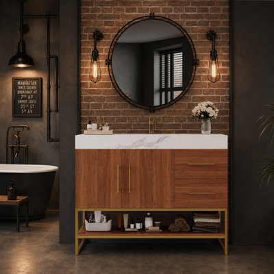 36" Free-standing Single Bathroom Vanity Set with Sintered Stone Top and Ceramic Basin