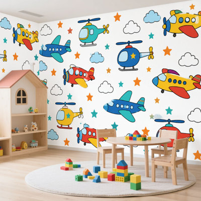Papier peint adhésif autocollant sans couture pour garçon, dessin animé, enfants, avion, papier contact amovible, décoration murale pour salon, chambre à coucher H 100 po x l 144 po