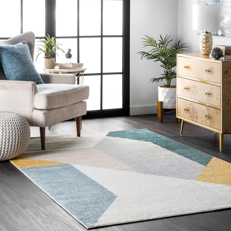 Scipio Modern Abstract Power Loom Performance Light Gray/Blue Rug, Rectangle 5' x 8'