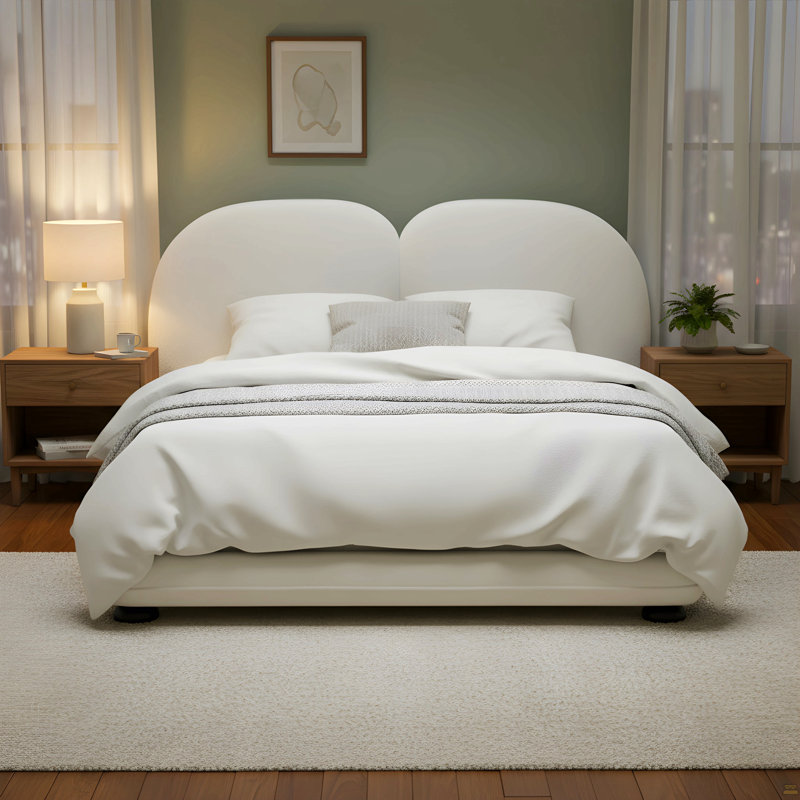 Structure de lit tapissier extra épais avec tête de lit fendue luxueuse, tissu molletonné Teddy, 800 lb, robuste, facile à assembler, blanc, très grand