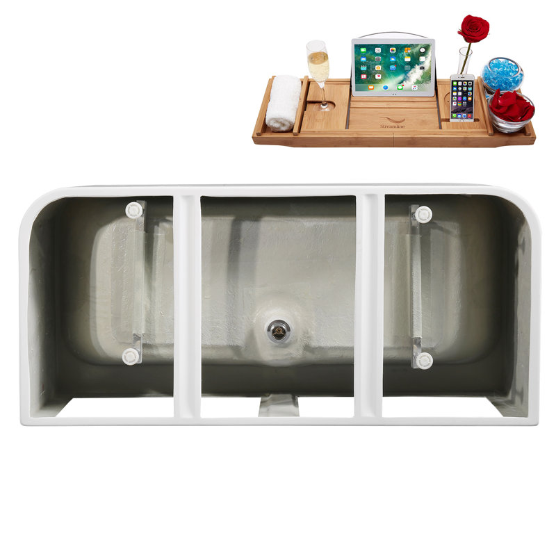 55" Streamline Soaking Freestanding Tub and Tray With Internal Drain, Brushed Gold