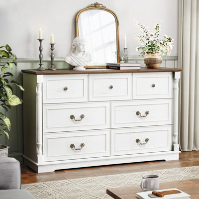 Commode 7 tiroirs en bois blanc de 52 po de largeur avec poignées en bronze