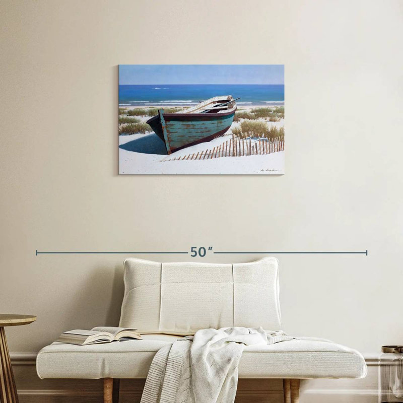 Mehar, bateau bleu sur la plage, H 20 po x l 30 po