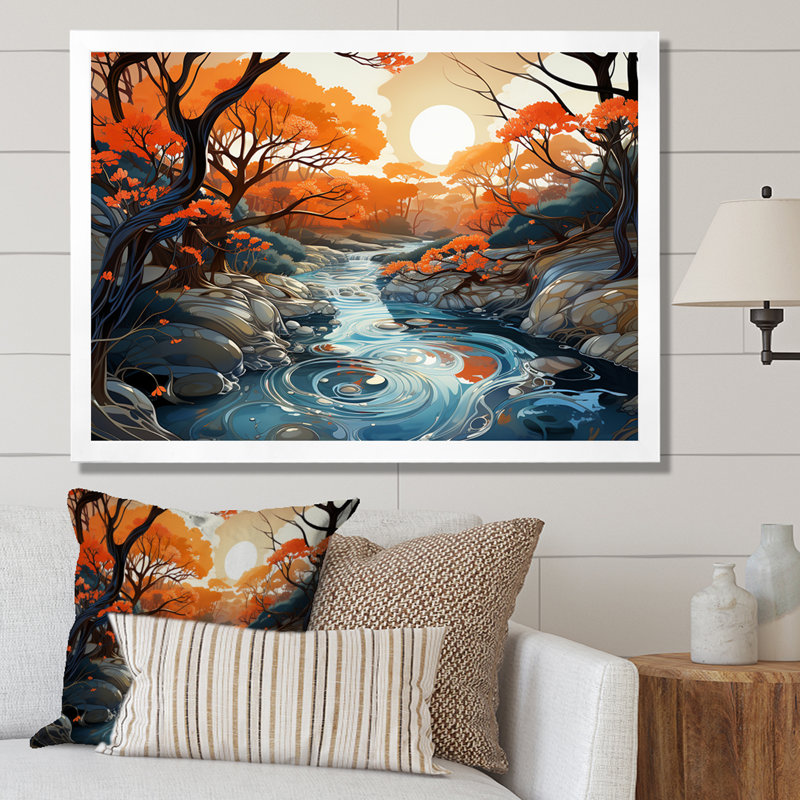 Art mural orange et bleu, rivière sereine, voyage II, Cadre de coin blanc fermé, H 30 po x l 40 po x P 1,5 po