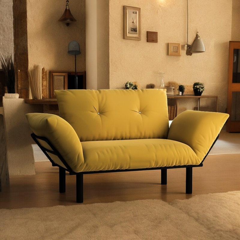 Causeuse jaune, pièce peu encombrante, pieds hauts, futon avec, choix de couleurs, rembourrage intérieur en mousse, structure en métal, options de guide d'assemblage, rembourrage, structure,