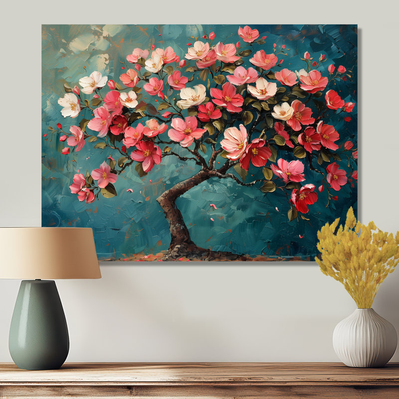Fleur de pommier bleu et rose I - décoration murale fleur de pommier, Sans cadre, métal, H 24 po x l 32 po