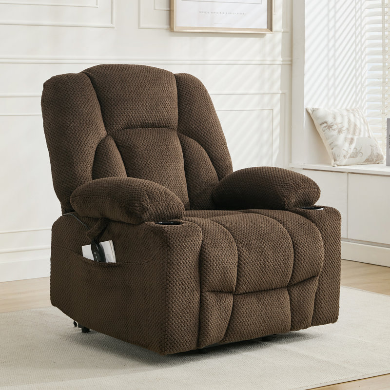 Levontae Power Lift Wide Recliner Chair with Cup Holder, Brown Microfiber/Microsuede