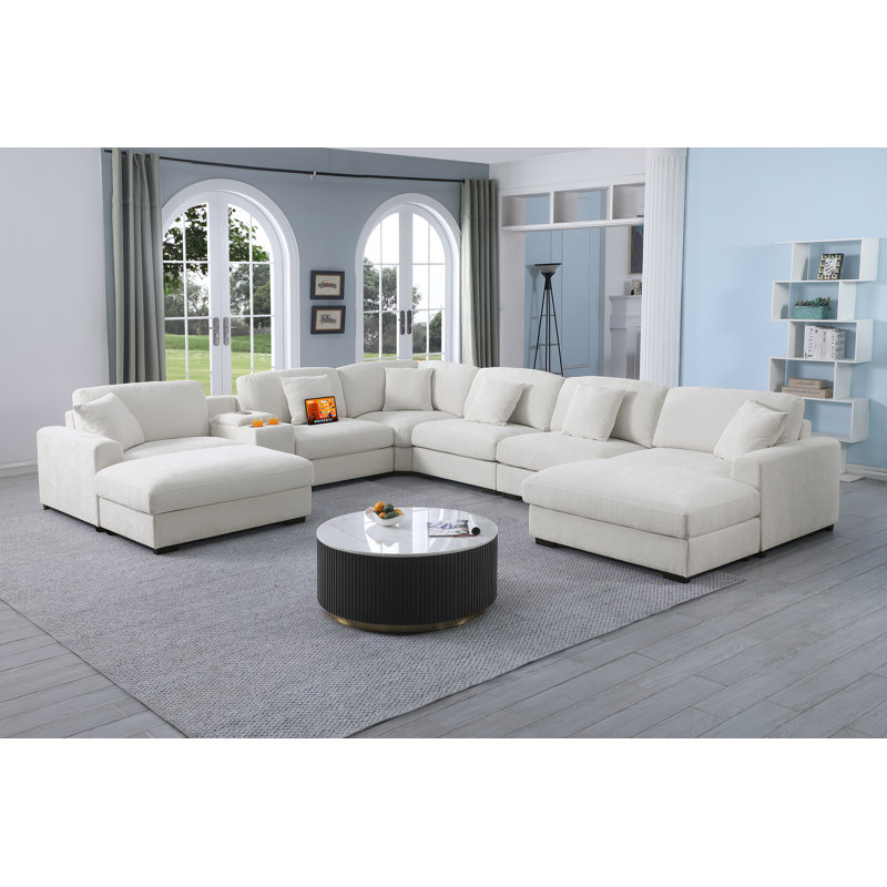 8-Person Chenille Sectional with Console and 2 Ottomans, White Chenille