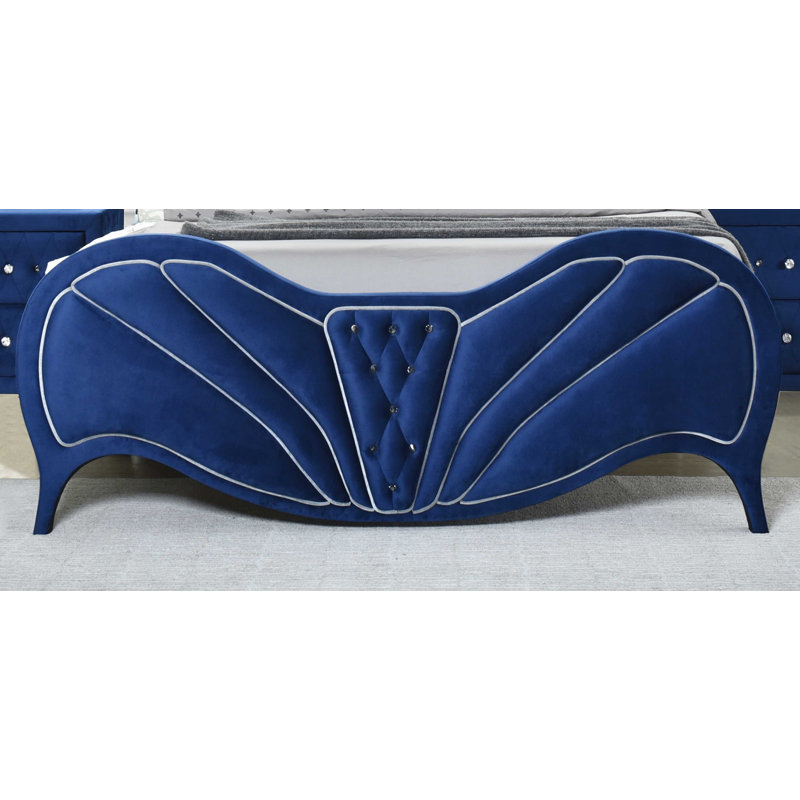 Grand lit plateforme tapissier Lieran, Bleu, Grand