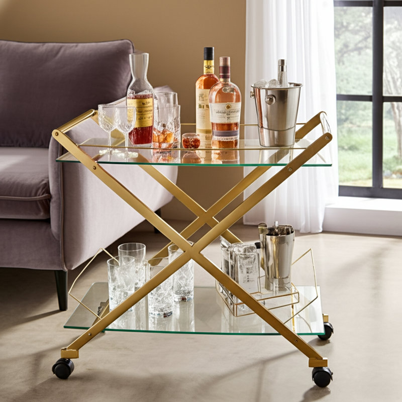 Pagan Bar Cart Metal and Glass Glam Design with Sleek Modern Style and Rolling Wheels for Versatile Entertaining, Gold