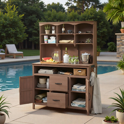 Banc de rempotage multifonctionnel pour patio avec 6 tablettes supérieures, 2 armoires inférieures, 2 tiroirs, tablette inférieure ouverte, 3 crochets latéraux et grand comptoir