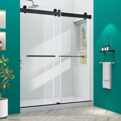 48 In. W X 76 In. H Frameless Soft-Closing Shower Door, Double Sliding Shower Door With Buffer Reversible Installation, 5/16" (8Mm) Tempered Glass With Easy-Cleaning Coating Shower Door With Explosion-Proof Film, Matte Black