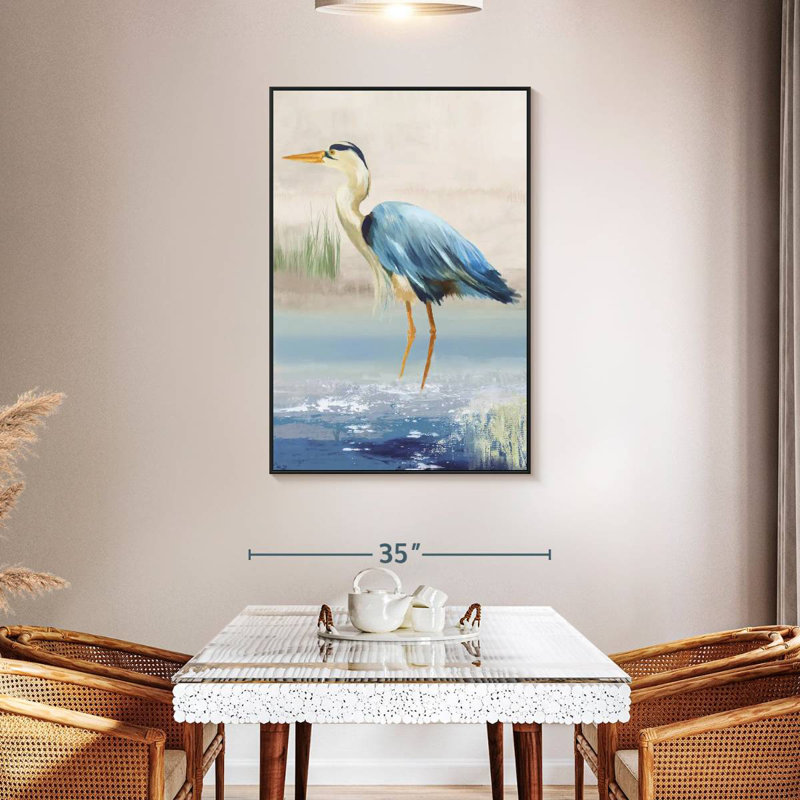 Héron sur la plage, 31 po x 46 po, Cadre flottant noir