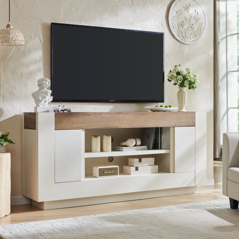 70" Media Console With Distinctive Style & Large Storage, White/Natural