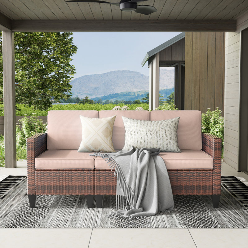 Kisner 78" W 3 - Person Outdoor Wicker Patio Sofa With Cushions, Beige