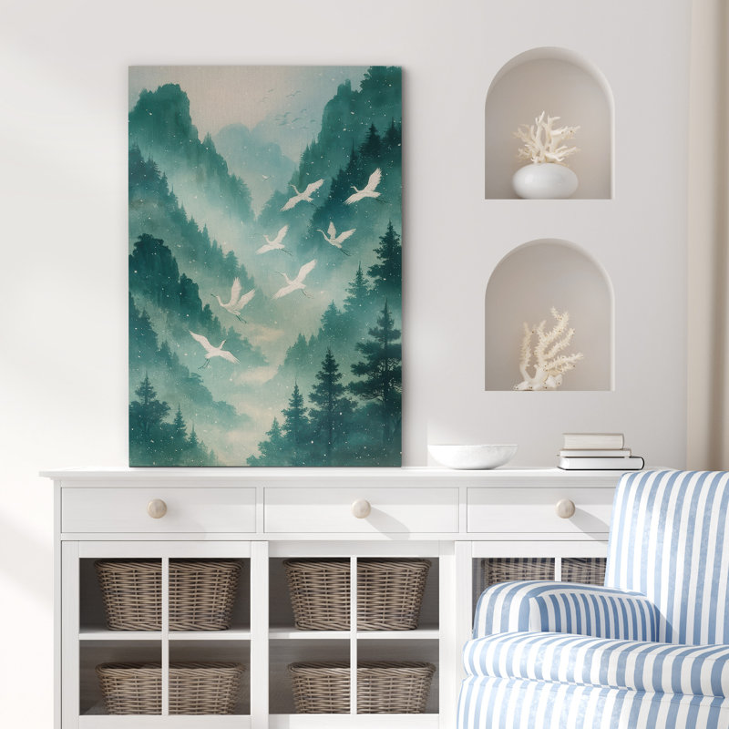 «White Cranes in Snowy Mountain Forest Art», reproduction d'art sur toile encadrée, H 36 po x l 24 po x P 1,5 po