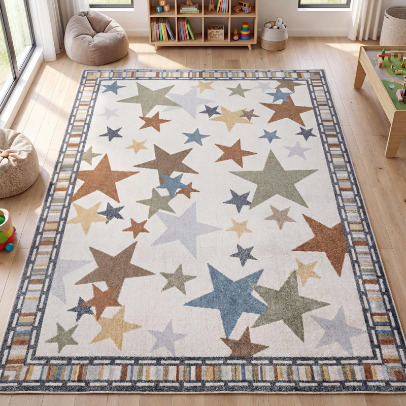 Tapis ivoire / bleu / orange lavable à la machine Bergvin Star Gazer, Rectangle 5 pi 3 po x 7 pi 3 po
