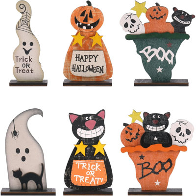 6PCS Halloween Black Cat/Pumpkin Monster/Ghost for Indoor Table Decorations | Rustic Retro Wood Halloween Tabletop Crafts Decor, for Home Farmhouse Holiday Party Supplies