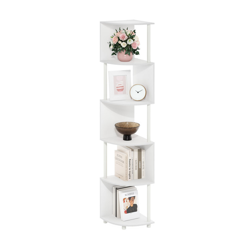 Sharee 5-Tier Zigzag Corner Shelf Bookcase, Bookshelf, Amber Pine/Black, White/White