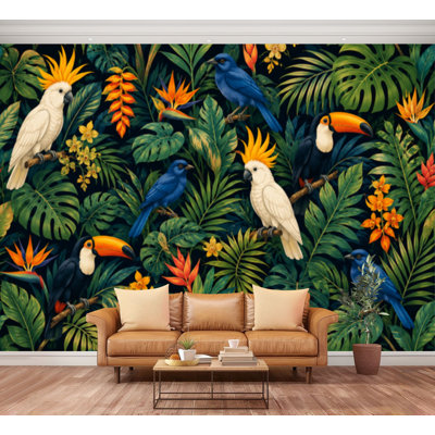 Papier peint adhésif peler et coller sans soudure, arbres exotiques, perroquets, toucans, autocollant, papier contact amovible pour mur de salon H 100 po x l 144 po