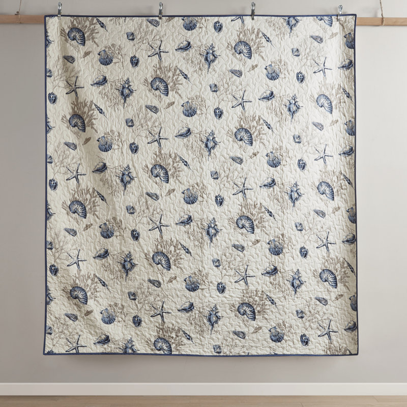 Microfiber Quilt With Shell , King, Blue Color King Pleated And Embroidered Pillows