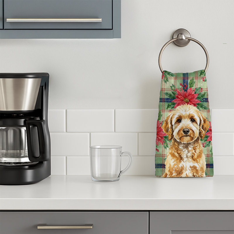 Goldendoodle Christmas PoinsettIas Kitchen Towel, Goldendoodle