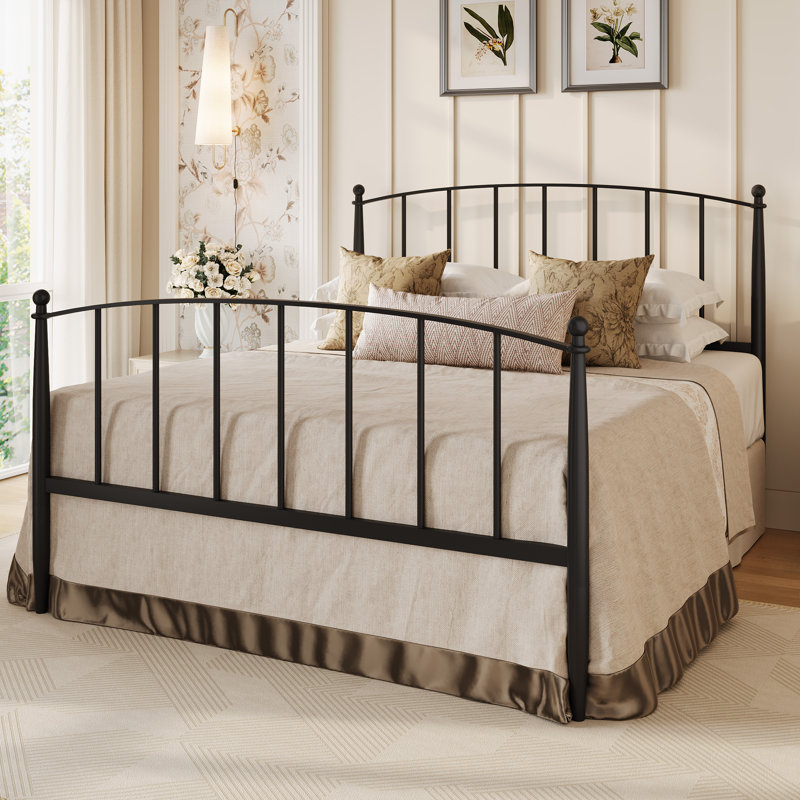 Metal Bed Frame With Victorian Style Iron-Art Headboard And Footboard, Black, Queen