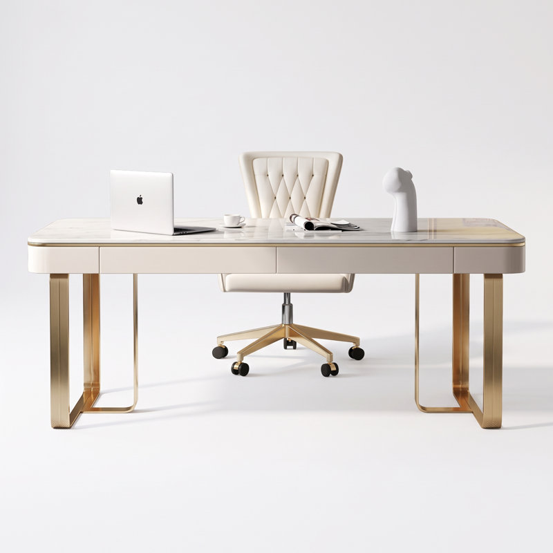 Bureau de direction moderne de 180 cm avec plateau en marbre blanc, bureau d'ordinateur de luxe avec tiroirs de rangement et pieds en métal doré, idéal pour le télétravail ou la maison.