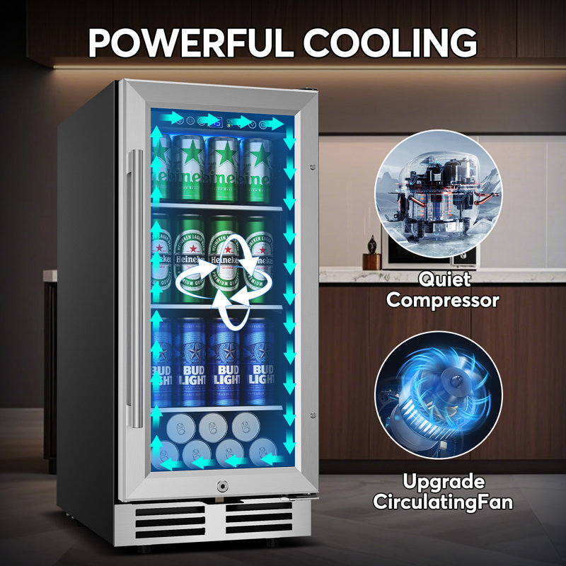 15" Beverage Refrigerator - 130 Can Capacity, Reversible Door, Built-In or Freestanding Beer Fridge, Soda & Drink Cooler with Glass Shelves & LED Light