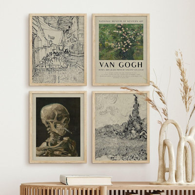 Vincent Van Gogh fumant des roses squelettes, art mural encadré 4 pièces